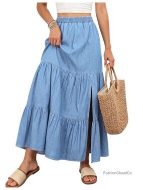 Women's Long Denim Skirt Flowy Boho Jean Maxi Skirt Side Slit High Rise A-Line